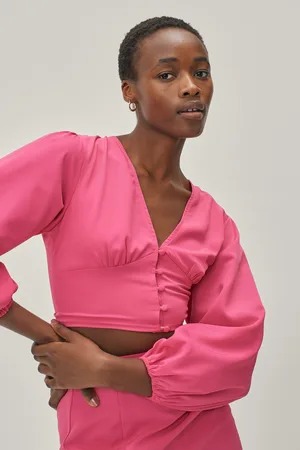 Boohoo Balloon Long Sleeve V Neck Blouse Top