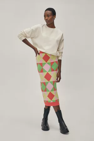 Boohoo Square Design Argyle Knit Split Hem Midi Skirt