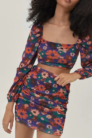 Boohoo Printed Mesh Square Neck Crop Top