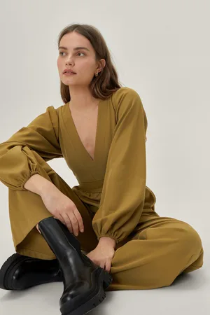 Boohoo Belted Detail Puff Sleeve Flared Jumpsuit