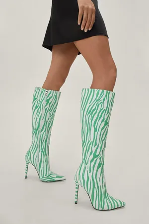Boohoo Zebra Print Stiletto Knee High Boots