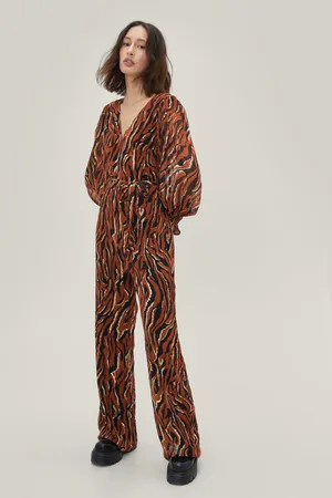 Boohoo Zebra Print Chiffon Tie Waist Jumpsuit