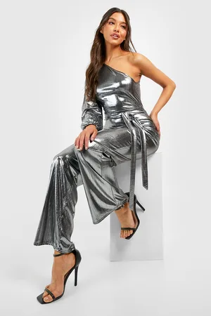 Boohoo Textured Foil One Shoulder Wide Leg Jumpsuit