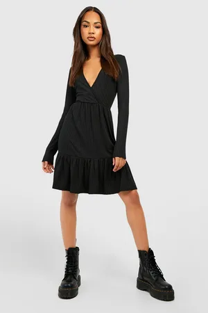 Boohoo Rib Wrap Drop Hem Smock Dress