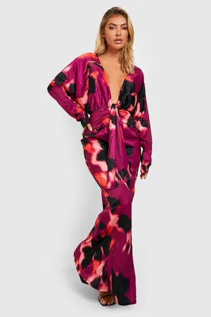 Boohoo Printed Satin Plunge Maxi Dress
