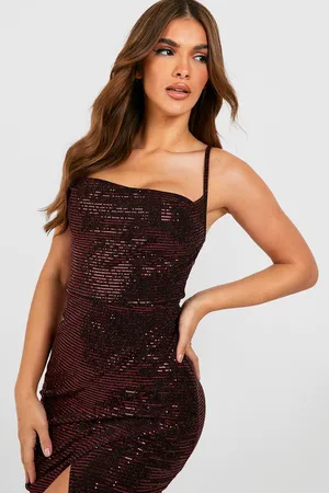 Boohoo Sequin Strappy Cowl Midaxi Dress With Split