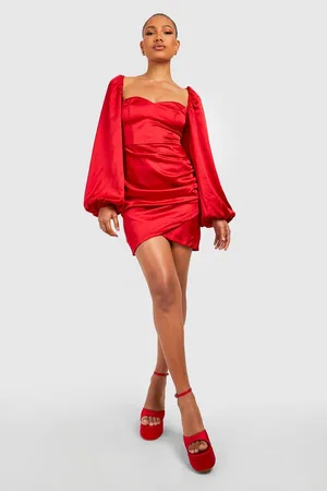 Boohoo Satin Blouson Sleeve Wrap Dress