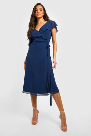 Boohoo Chiffon Cold Shoulder Wrap Midi Skater Dress
