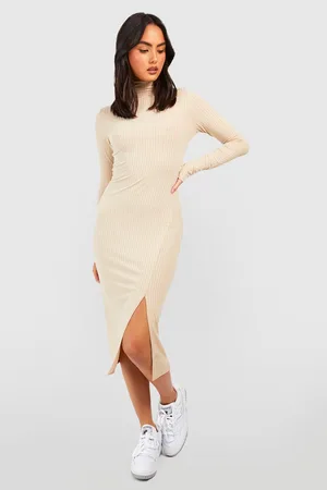 Boohoo Roll Neck Rib Split Side Midi Dress
