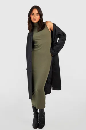 Boohoo Roll Neck Soft Rib Split Side Midi Dress