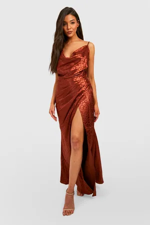 Boohoo Satin Cowl Neck Ruched Maxi Dress
