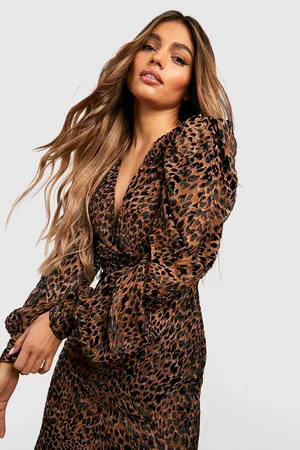 Boohoo Animal Devore Wrap Blouson Sleeve Maxi