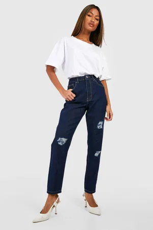 Boohoo Basics Mid Rise Distressed Mom Jeans