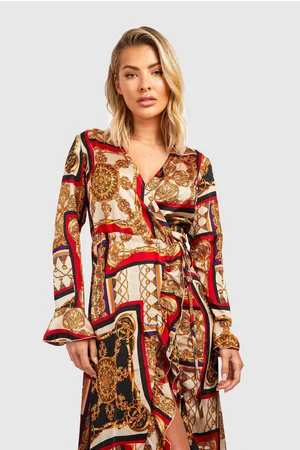 Boohoo Satin Chain Print Ruffle Wrap Midi Dress