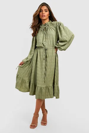Boohoo Textured Tie Detail Smock Midi Dress