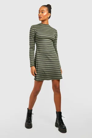 Boohoo Tall Stripe Knit Rib Longsleeve Funnel Neck Skater Dress