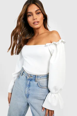 Boohoo Scuba Bardot Ruffle Detail Bodysuit