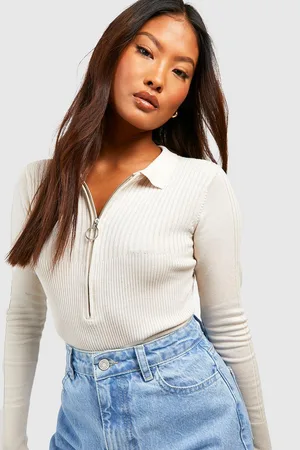 Boohoo Petite Collared Zip Detail Rib Knit Bodysuit