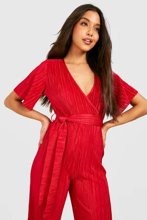 Boohoo Wrap Over Plisse Wide Leg Jumpsuit
