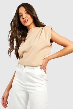 Boohoo High Neck Crepe Shoulder Pad Blouse