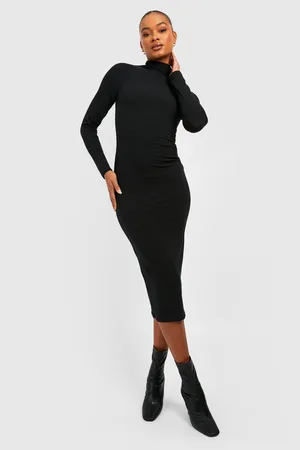 Boohoo Tall Soft Rib Longsleeve Funnel Neck Midi Dress
