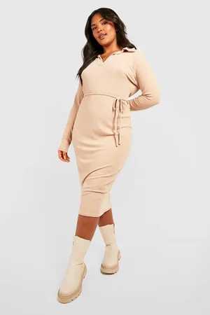 Boohoo Plus Soft Rib Belted Midi Dress