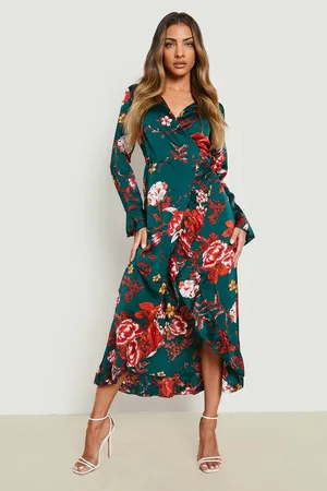 Boohoo Satin Floral Ruffle Wrap Midi Dress