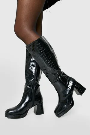 Boohoo Croc Block Heel Knee High Boots