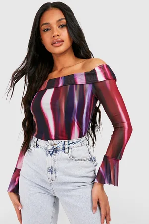 Boohoo Ombre Mesh Bardot Flare Sleeve Top