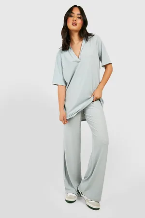 Boohoo Soft Rib Knit Collared Tunic And Trouser Relaxed Co-ord