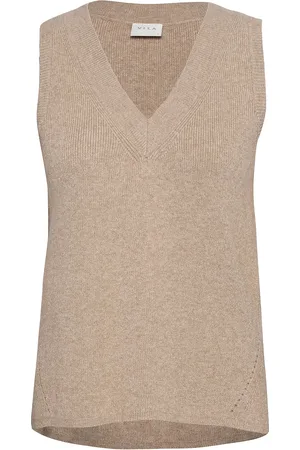 VILA Viril Knit Rib V-Neck S/L Vest - Noos Vests Knitted Vests Brown