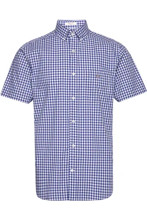 GANT Reg Poplin Gingham Ss Shirt Tops Shirts Short-sleeved Blue