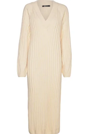 Gina Tricot V-Neck Knitted Dress Knelang Kjole Cream