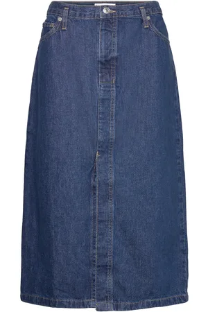 MANGO Denim Midi-Skirt Knelangt Skjørt Blue