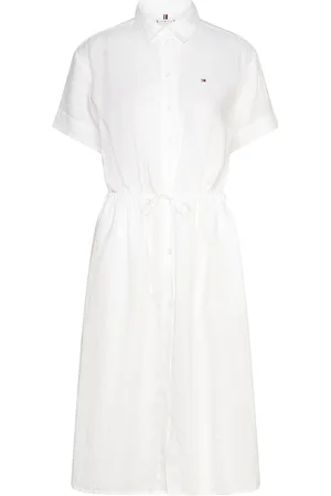 Tommy Hilfiger Linen Ss Midi Shirt Dress Knelang Kjole White