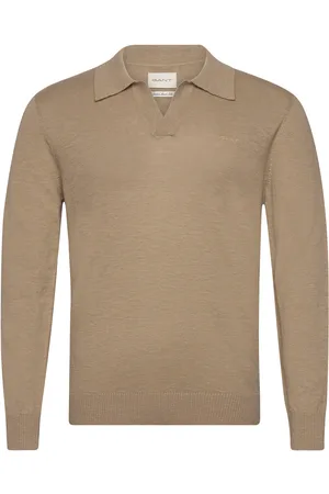 GANT Cotton Linen Open Polo Tops Knitwear Long Sleeve Knitted Polos Khaki Green