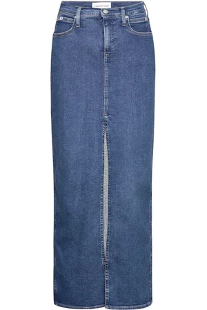 Calvin Klein Front Split Midi Denim Skirt Langt Skjørt Blue