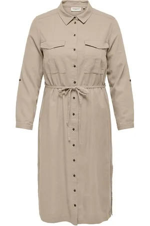 ONLY Carcaro Ls Linen Shirt Dress Wvn Knelang Kjole Beige