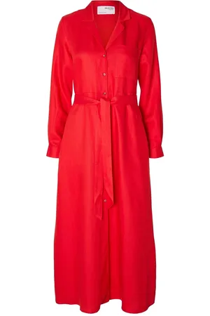 SELECTED Slflyra Ls Ankle Linen Shirt Dress B Maxikjole Festkjole Red