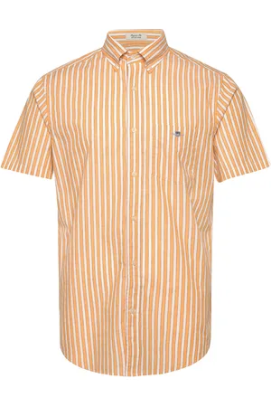 GANT Reg Cotton Linen Stripe Ss Shirt Tops Shirts Short-sleeved Orange