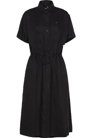Tommy Hilfiger Linen Ss Midi Shirt Dress Knelang Kjole Black