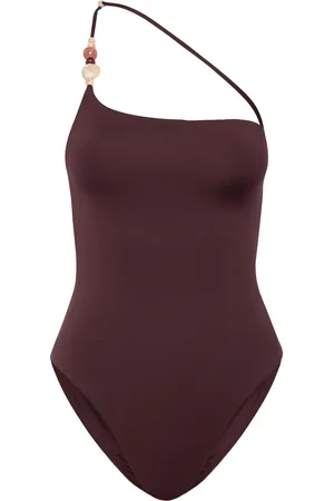 MANGO Asymmetrical Swimming Costume With Beads Badedrakt Badetøy Brown