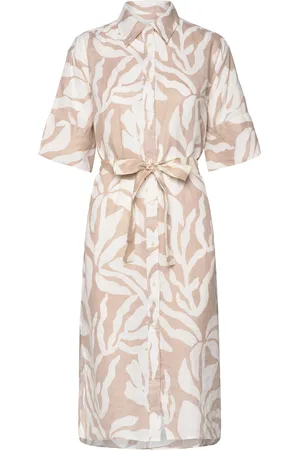 GANT Rel Palm Print Linen Shirt Dress Knelang Kjole Beige