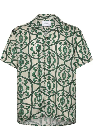 Les Deux Ornament Aop Tencel Ss Shirt Tops Shirts Short-sleeved Green