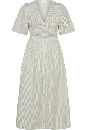 SELECTED Slfvittoria Ss Striped Midi Shirt Dress Knelang Kjole Beige