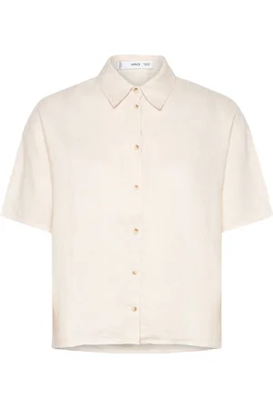 MANGO Short Sleeve Linen-Blend Shirt Tops Shirts Linen Shirts Cream