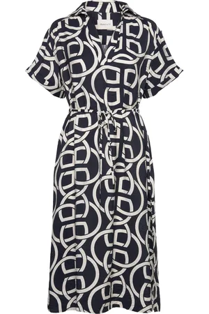 GANT Rel Monogram Print Ss Caftan Knelang Kjole Navy