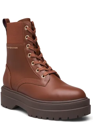 Tommy Hilfiger Leather Elastic Rib Laceup Shoes Boots Ankle Boots Laced Boots Brown
