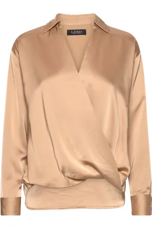 Ralph Lauren Satin Charmeuse Surplice Blouse Tops Blouses Long-sleeved Beige