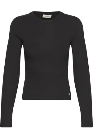 Calvin Klein Woven Label Rib Long Sleeve Tops T-shirts & Tops Long-sleeved Black